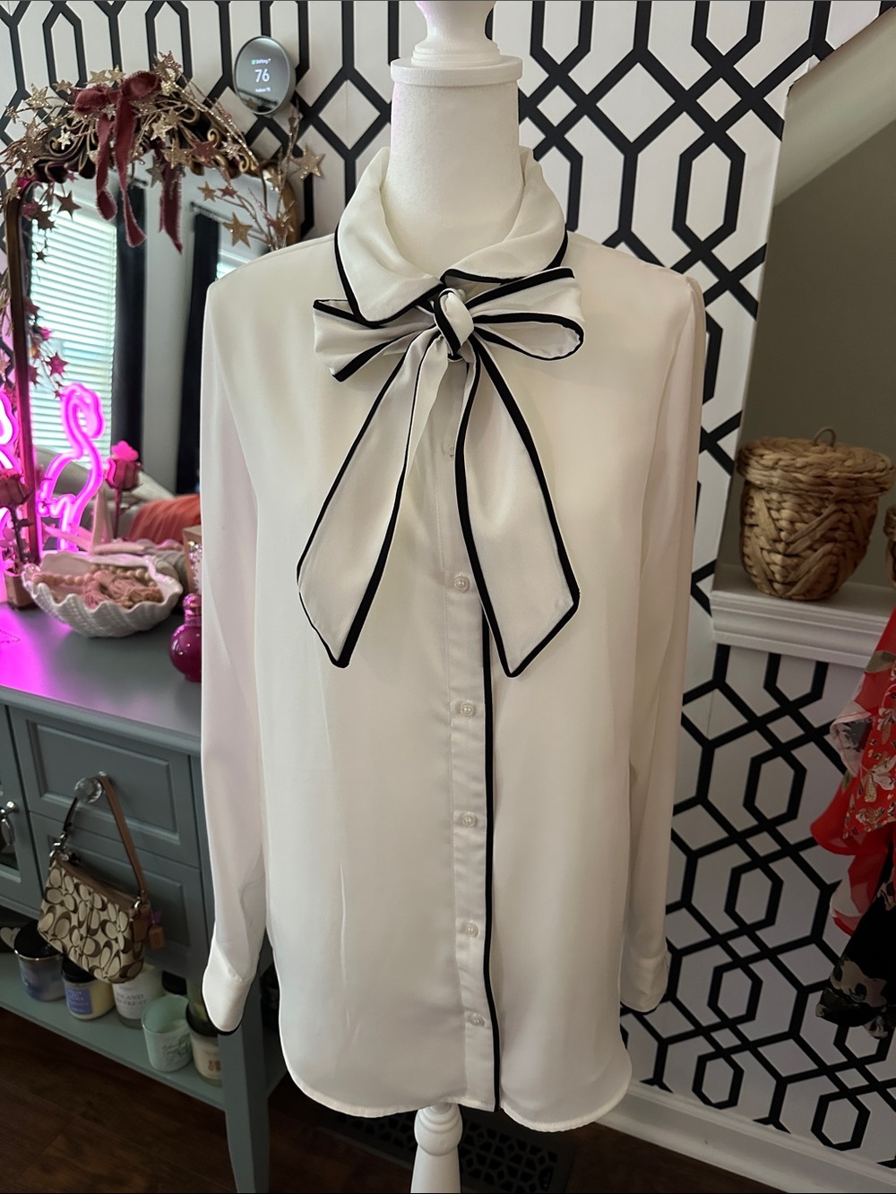 DKNY White Button-Down Blouse with Black Trim and Bow